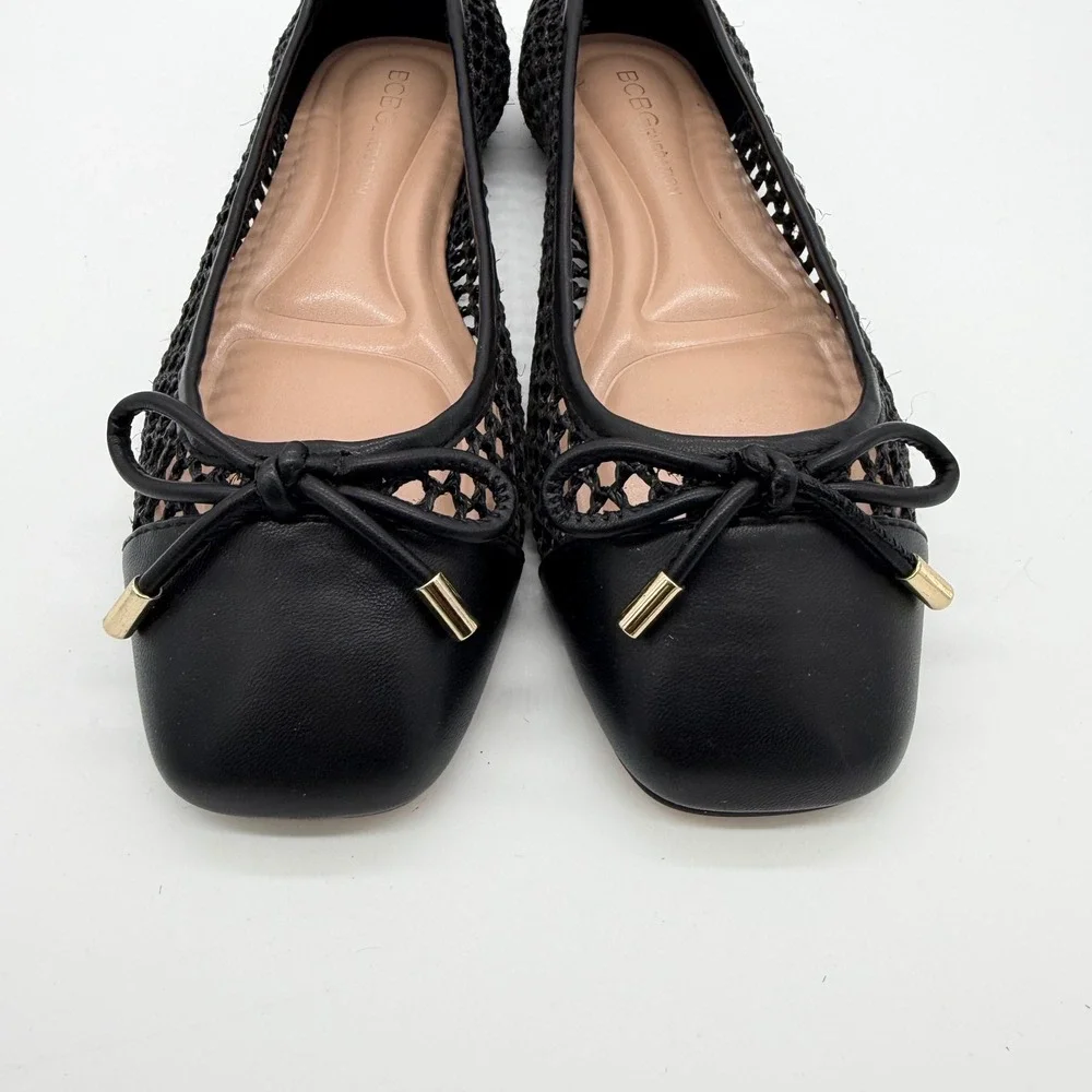 BCBGeneration Hartly Black Raffia Mesh Ballet Flats GN243501 Square Toe 6.5M New